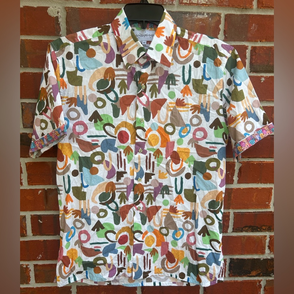 Archipelago Tailored M All Over Print Painting Button Up Short Sleeve Shirt E2